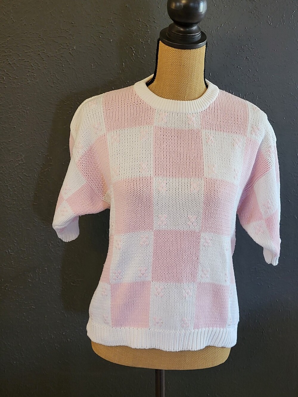 Eddie Bauer Vintage 80s Pink/White Checked Cotton Sweater Large